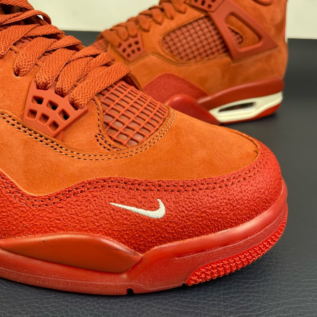 Air Jordan 4 University Red Bike - close up suede toe box with mini Swoosh