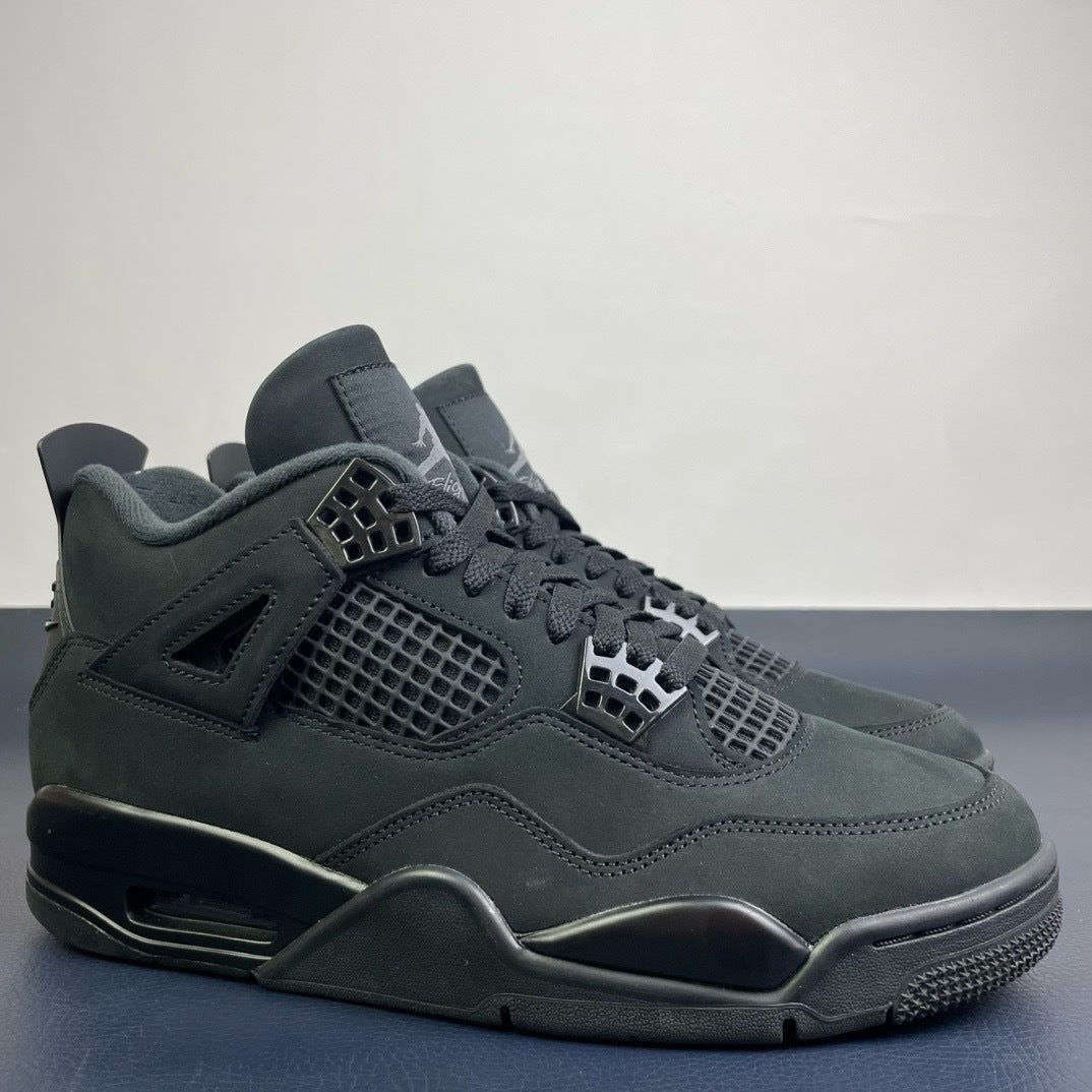 Air Jordan 4 Black Cat - side profile pair view showing nubuck upper and Air unit