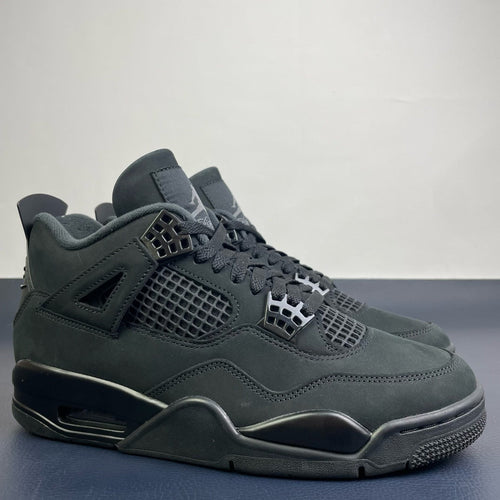Air Jordan 4 Black Cat - side profile pair view showing nubuck upper and Air unit