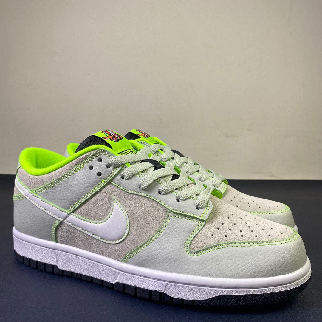 Nike Dunk Low Oregon Ducks - lateral side profile showing grey suede and volt green stitching