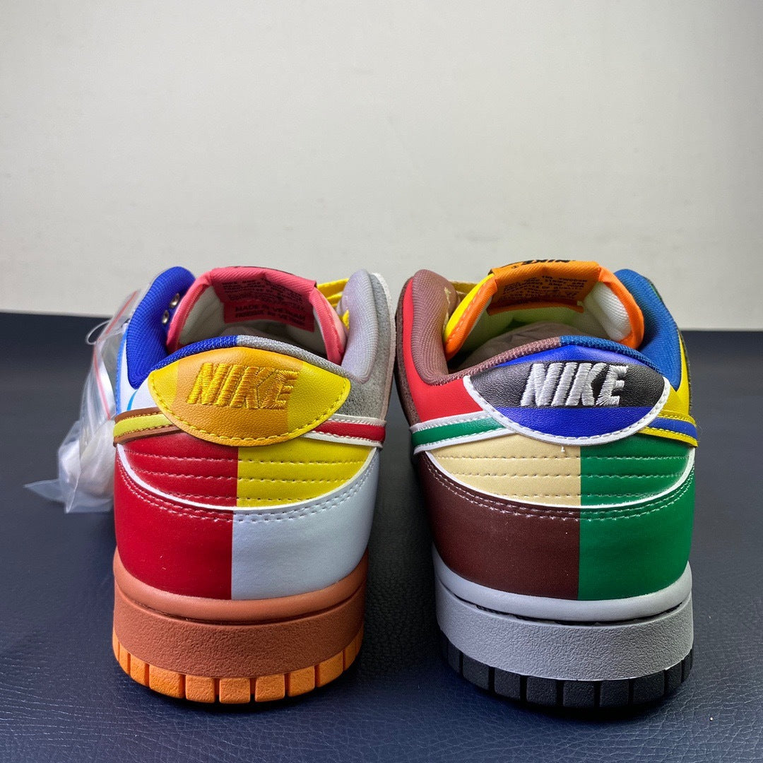 Nike Dunk Low What The Mario - heel view showing mismatched NIKE embroidered oval tabs
