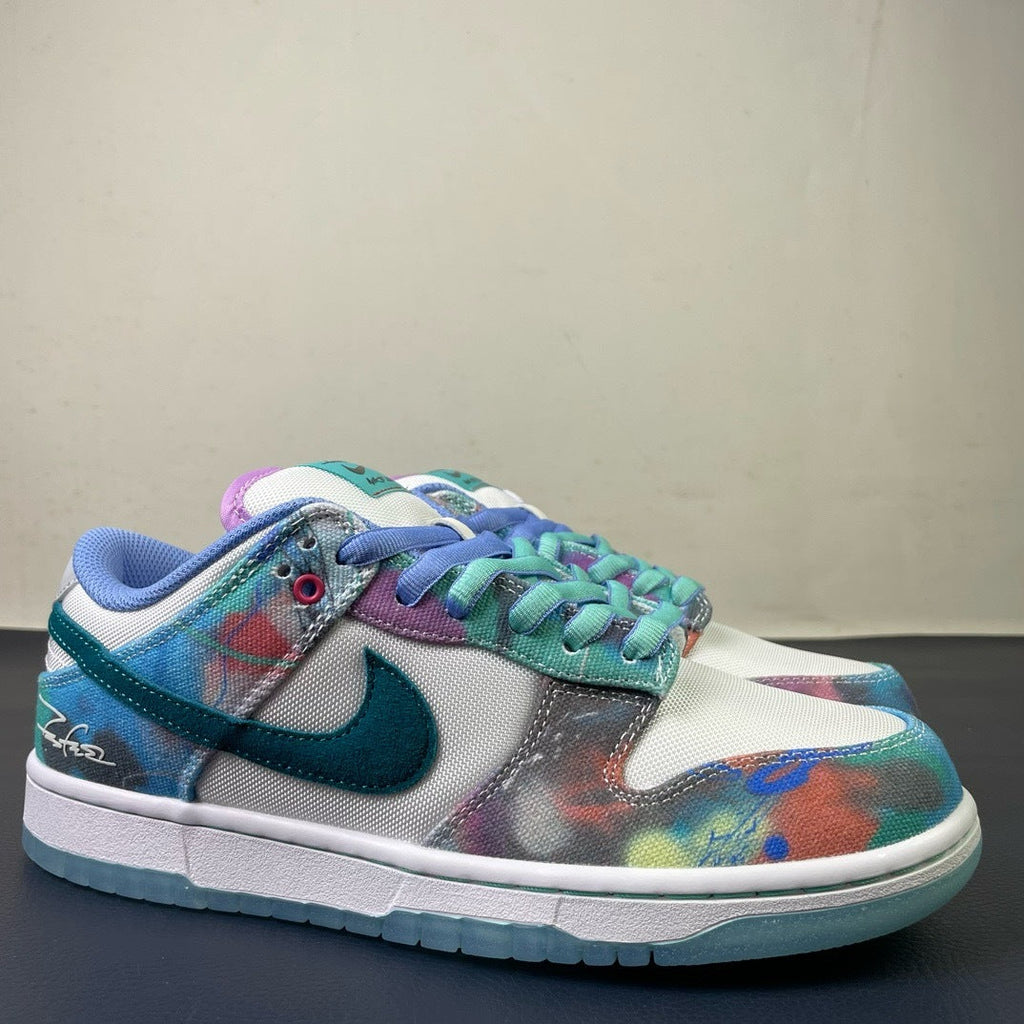 Nike SB Dunk Low Futura Laboratories - medial side profile showing abstract hand-painted canvas