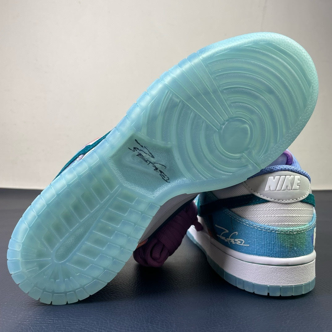 Nike SB Dunk Low Futura Laboratories - outsole view showing icy mint translucent sole with Futura signature stamp
