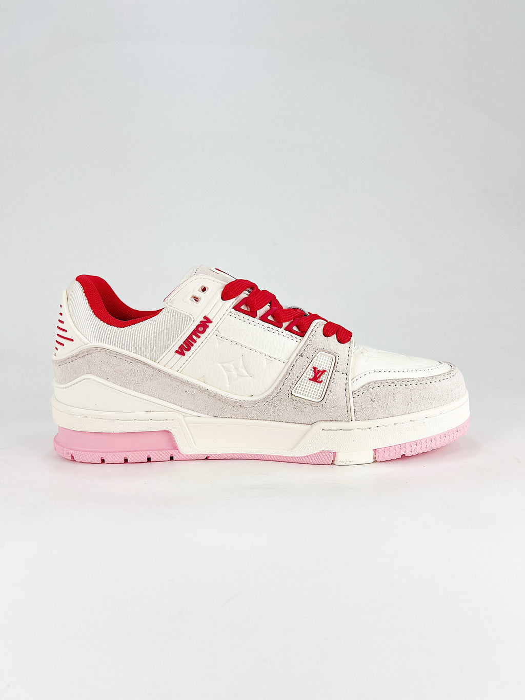 Louis Vuitton LV Trainer Sneaker White Pink Red - Lateral side view