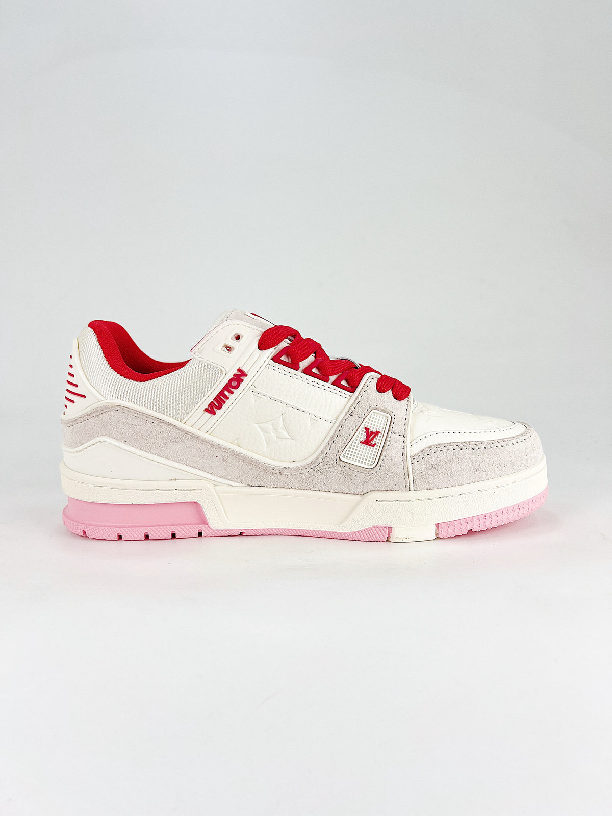 Louis Vuitton LV Trainer Sneaker White Pink Red - Lateral side view