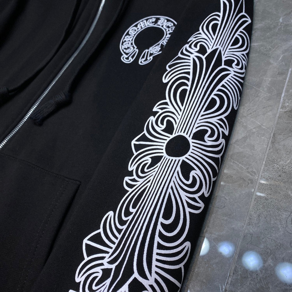 Chrome Hearts Horseshoe Floral Cross Zip-Up Hoodie – Black