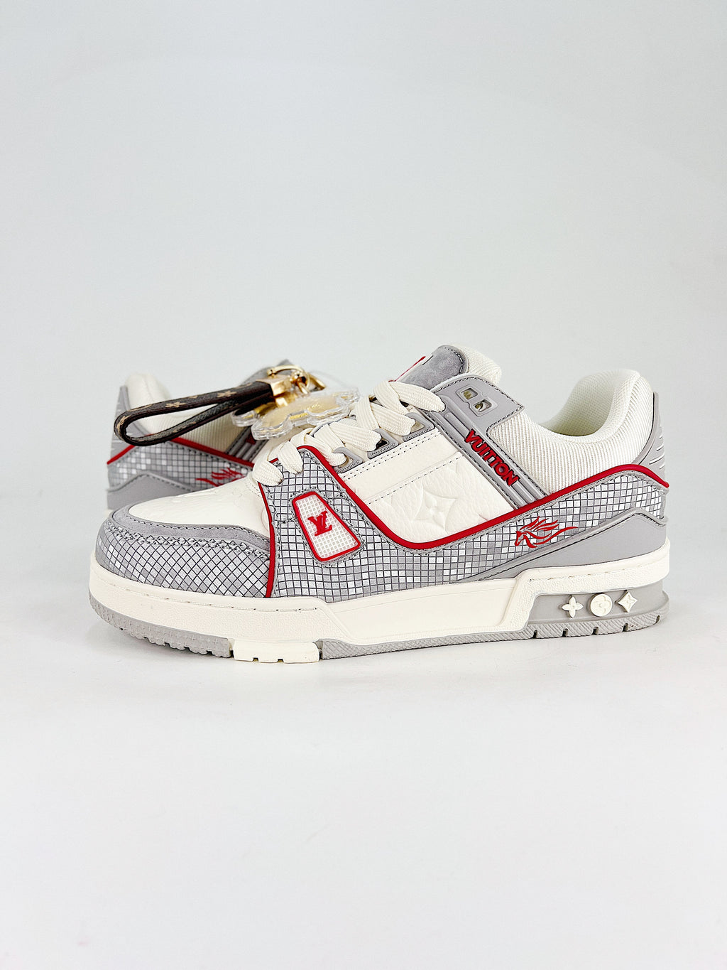 Louis Vuitton LV Trainer White Silver Red - Side view with charm