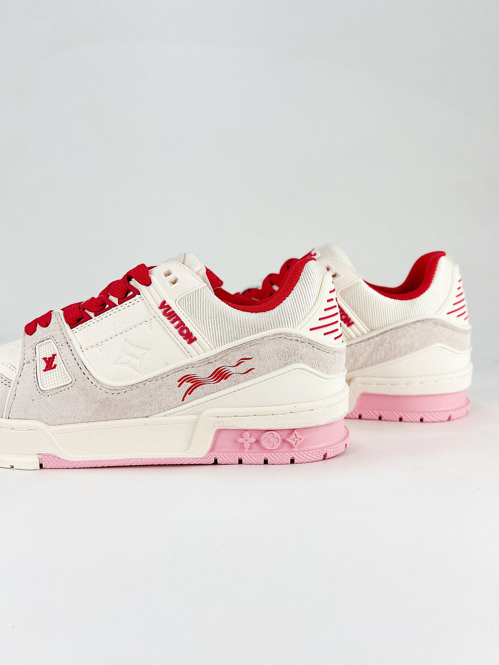 Louis Vuitton LV Trainer Sneaker White Pink Red - Side rear angle