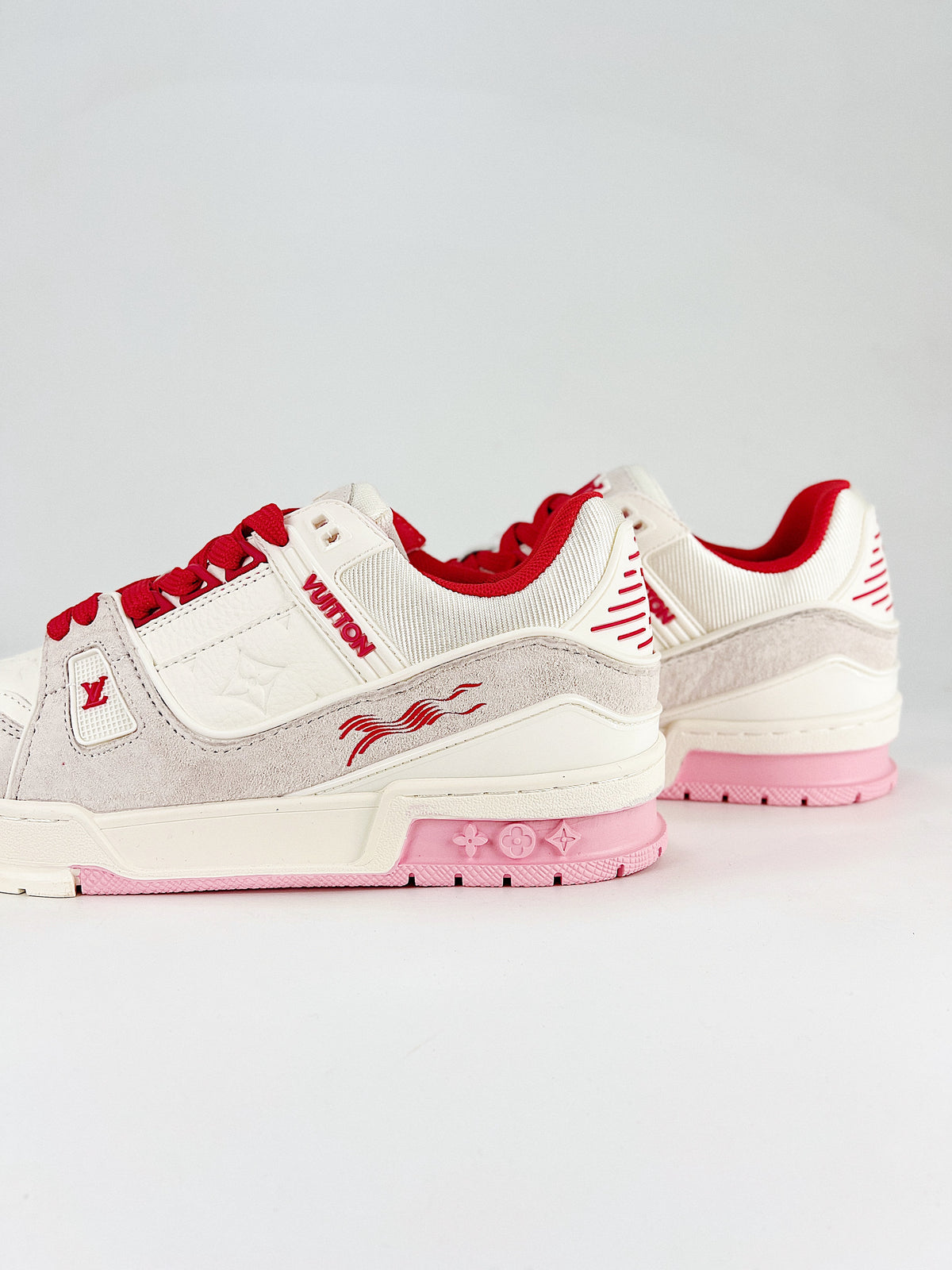 Louis Vuitton LV Trainer Sneaker White Pink Red - Side rear angle