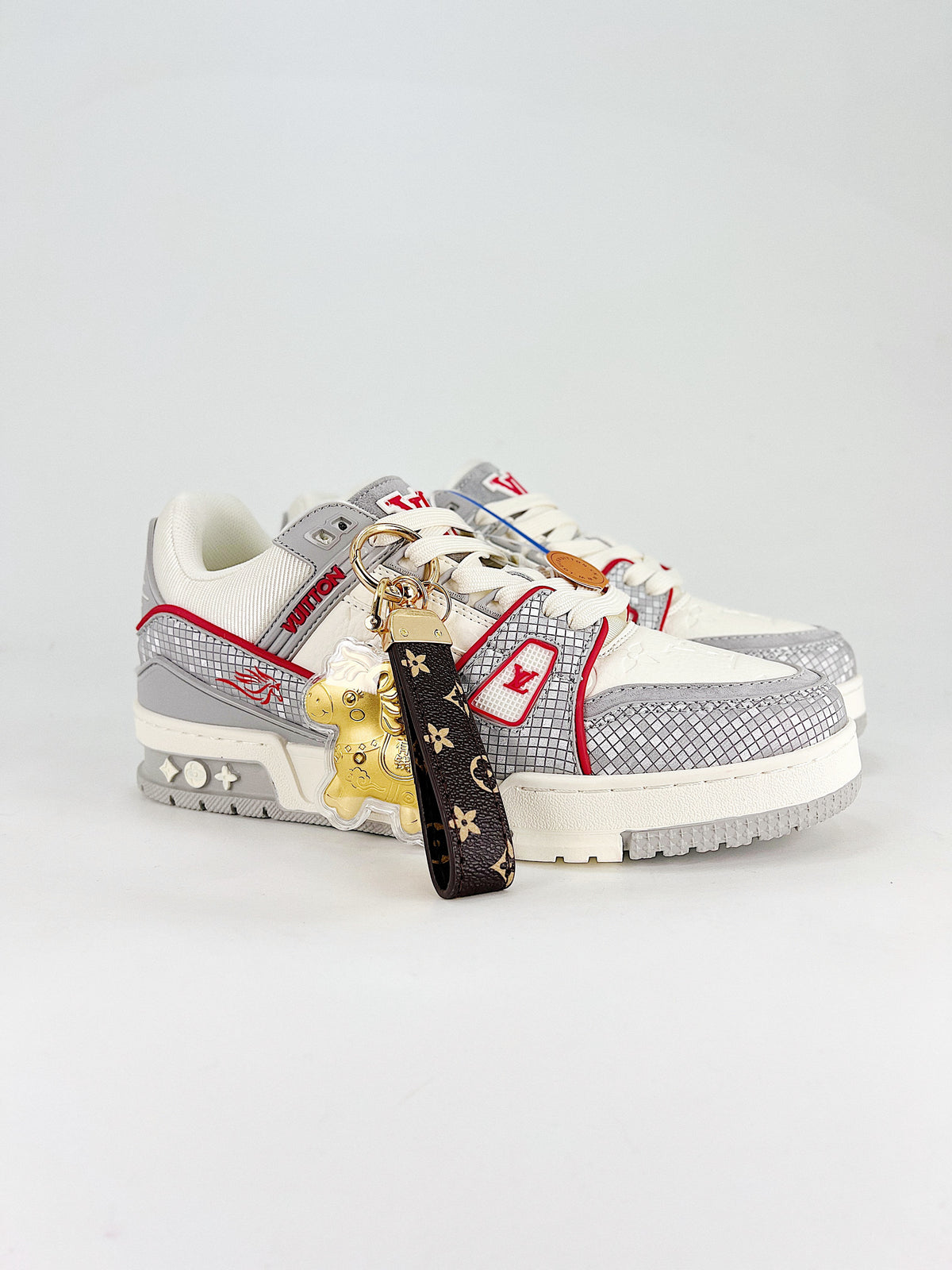 Louis Vuitton LV Trainer White Silver Red - With LV bear charm keychain