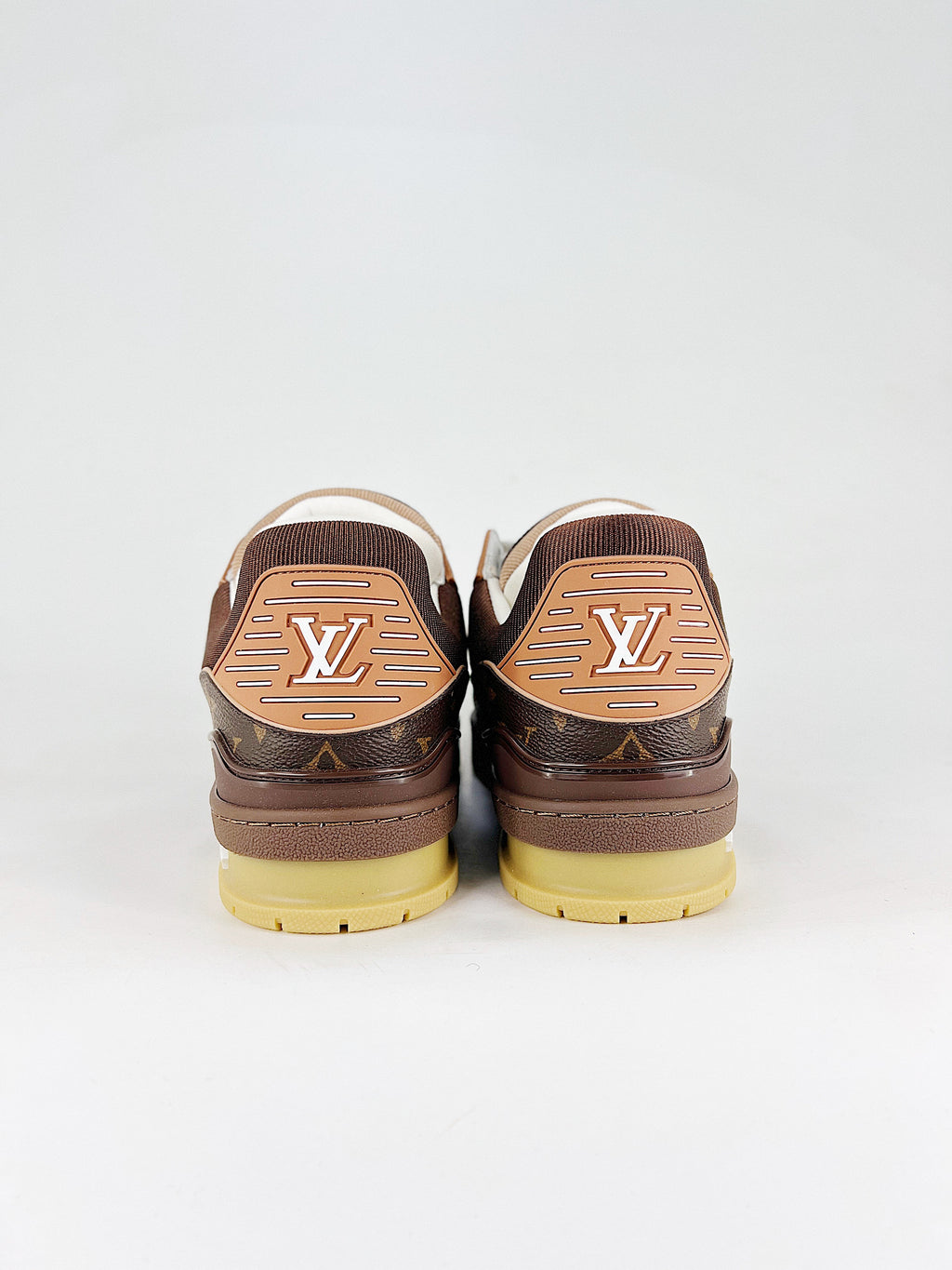 LV Trainer Sneaker Monogram Brown Tan - Front angle pair view