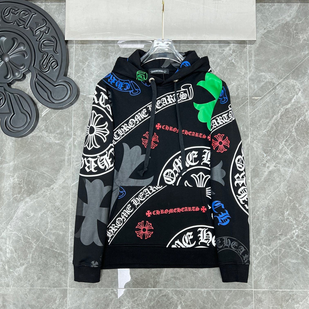 Chrome Hearts black all-over print hoodie full back view showing horseshoe logo