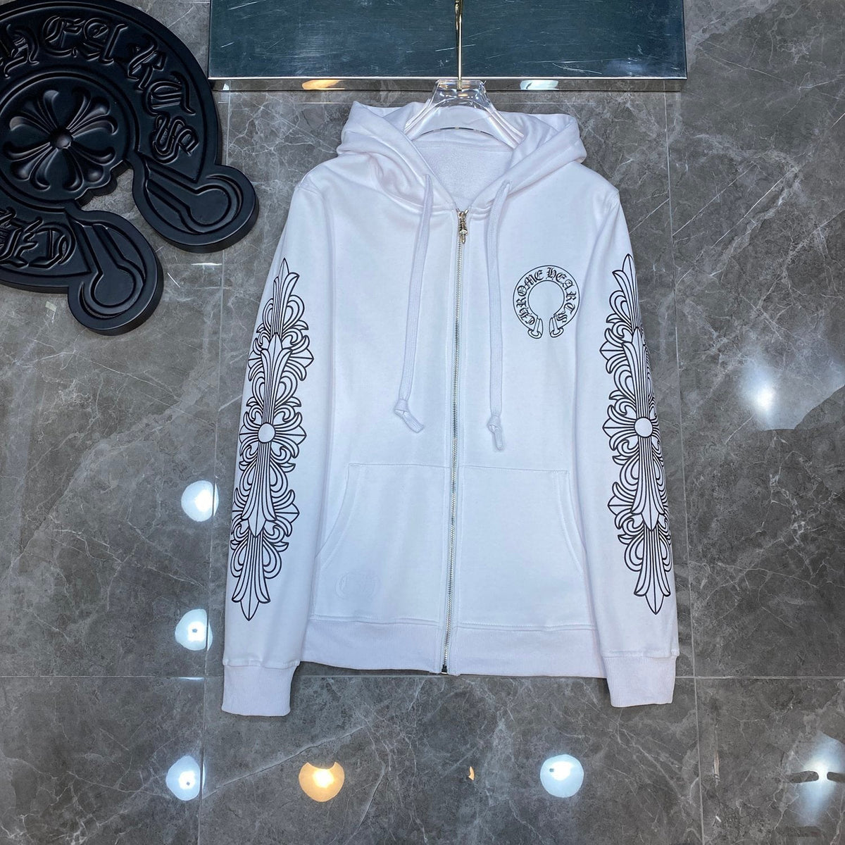 Chrome Hearts white zip-up hoodie full back view showing large Chrome Hearts horseshoe logo