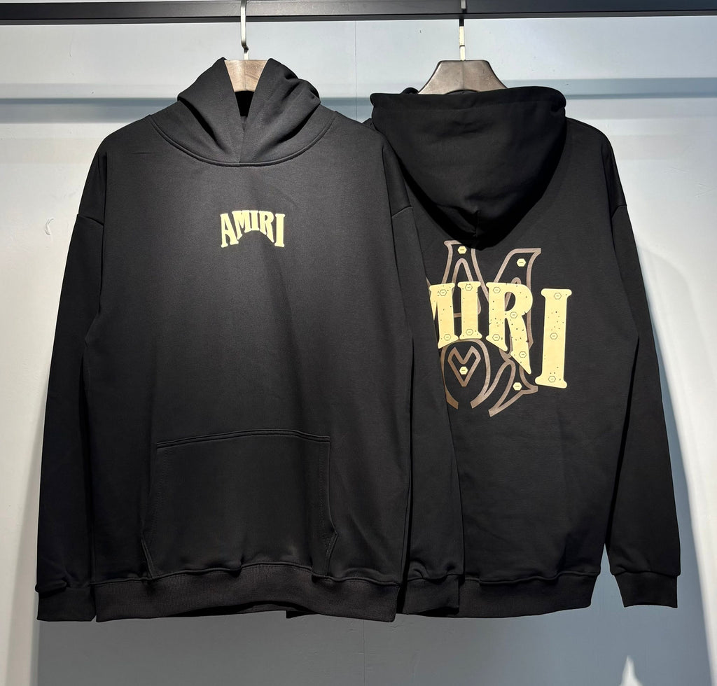 Amiri MA Logo Hoodie Black Gold – front and back view