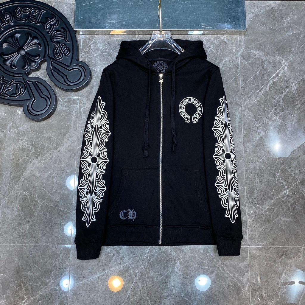 Chrome Hearts Horseshoe Floral Cross Zip-Up Hoodie – Black