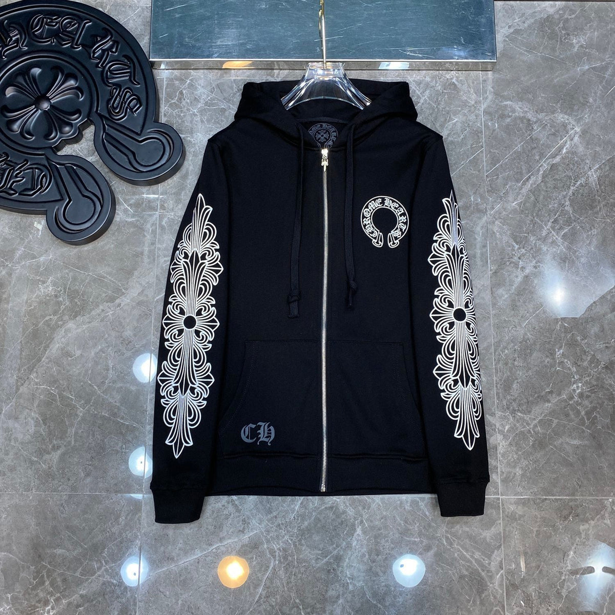 Chrome Hearts Horseshoe Floral Cross Zip-Up Hoodie – Black