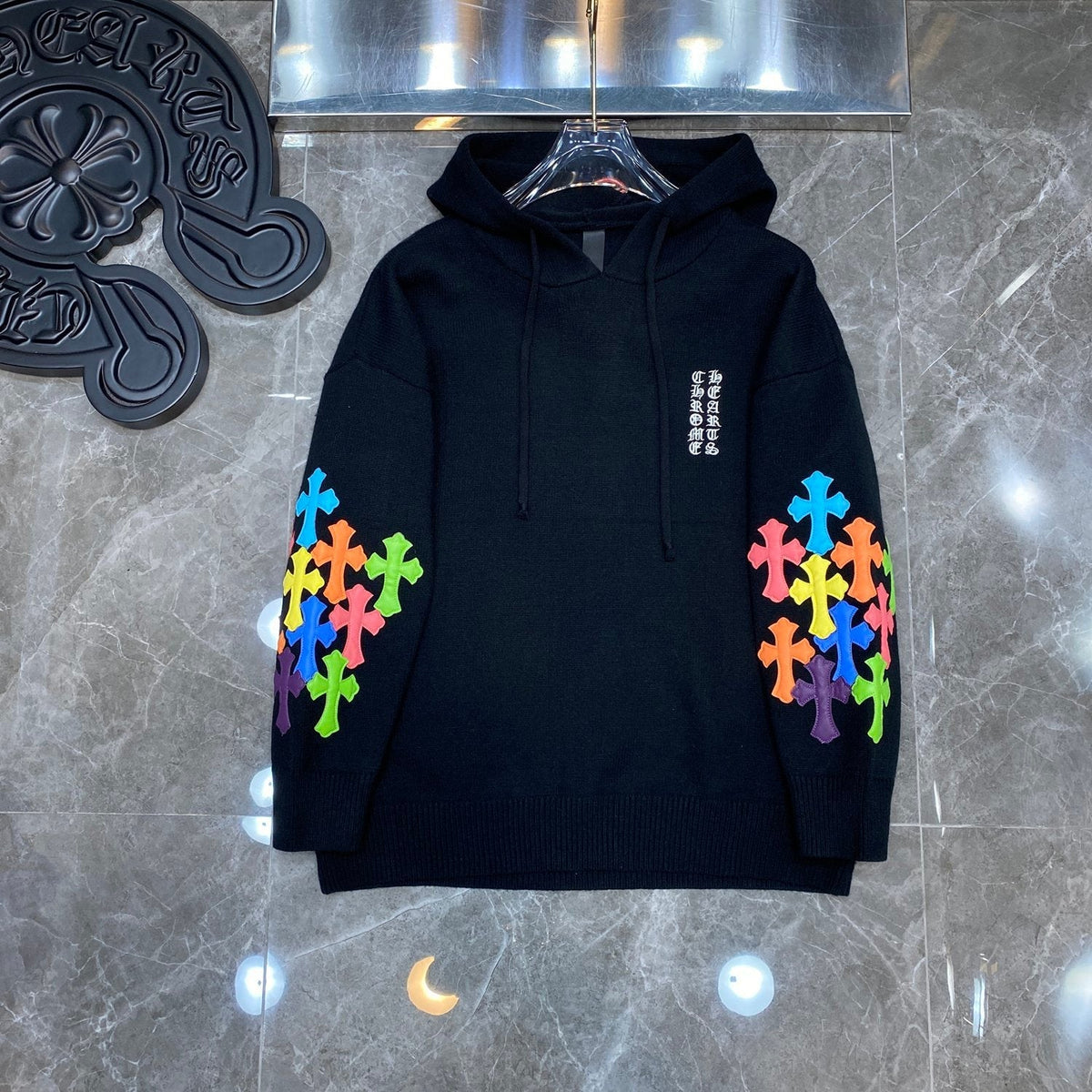 Chrome Hearts Multicolor Cross Patch Black Knit Hoodie