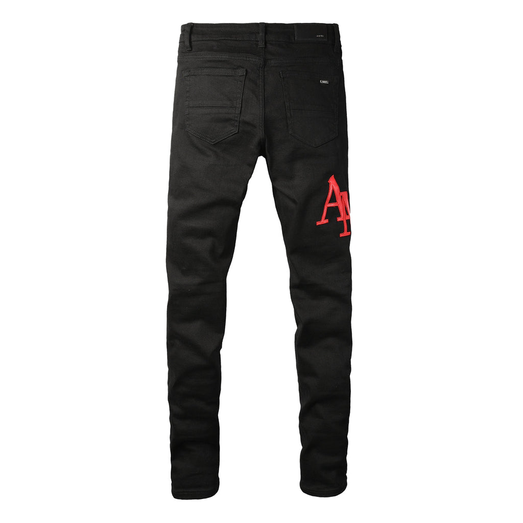 Amiri MA Logo Jeans Black Red – Front and back view
