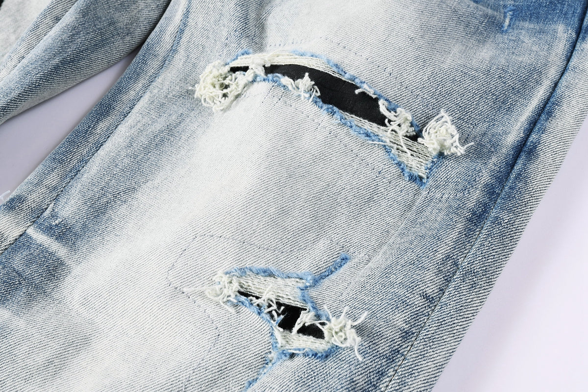 Snake embroidered jeans front and back view