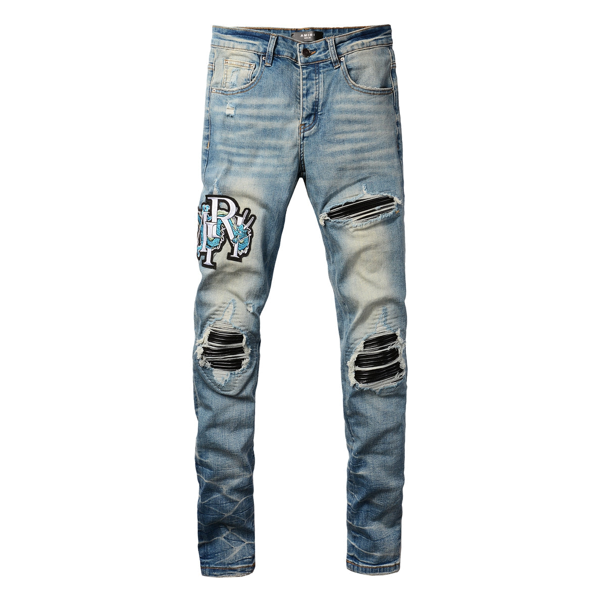 Amiri Dragon Patch Distressed Jeans – leather insert detail