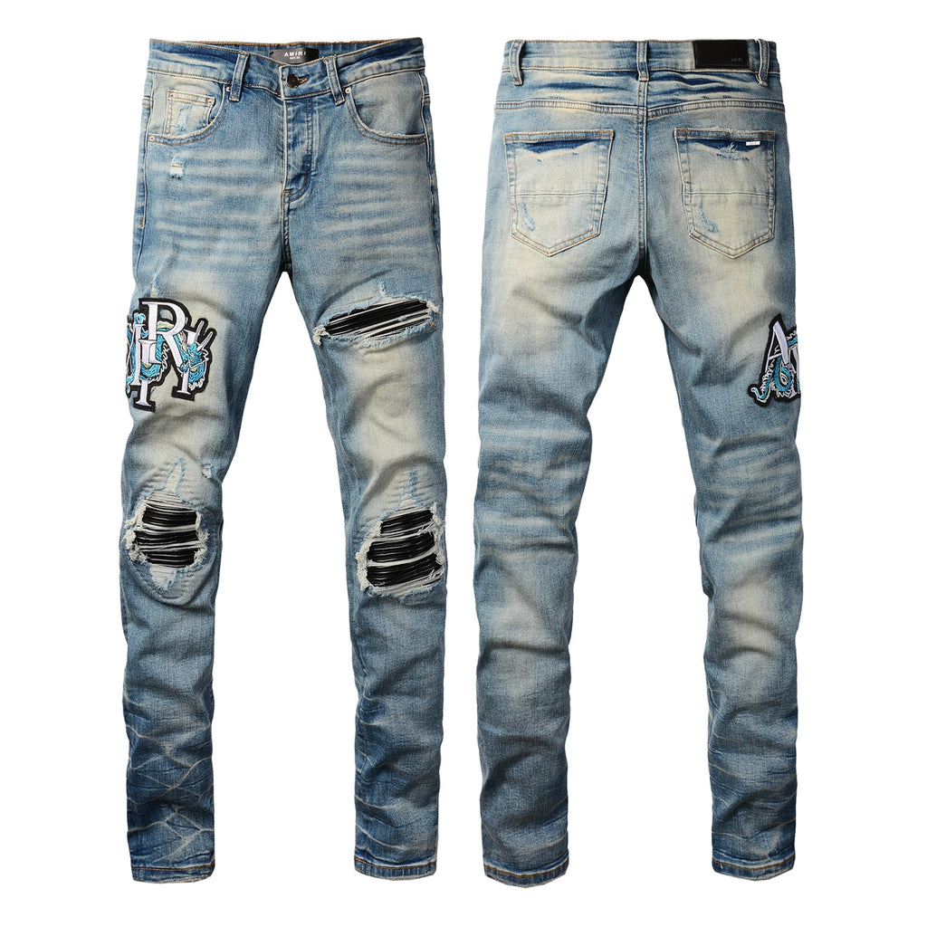 Amiri Dragon Patch Distressed Jeans – knee detail close-up