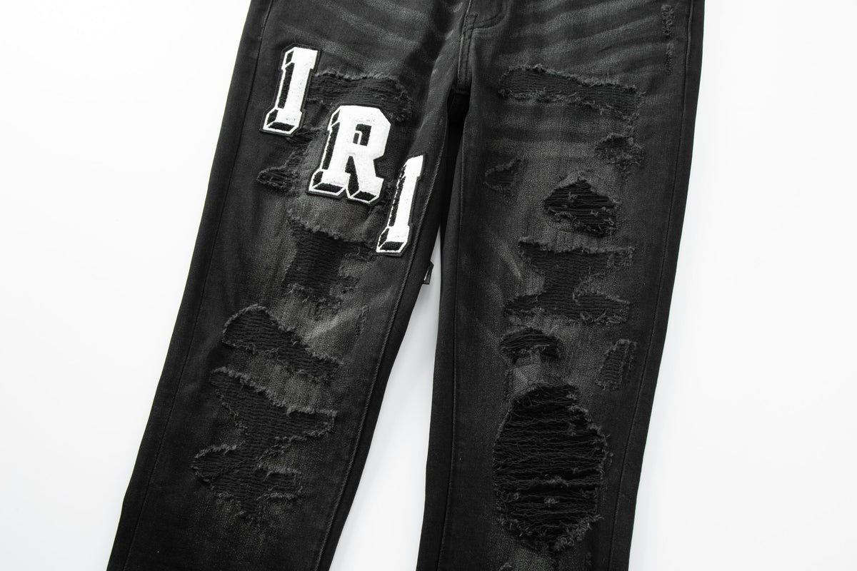 Amiri MA Varsity Letter Black Distressed Jeans - Knee distressing detail
