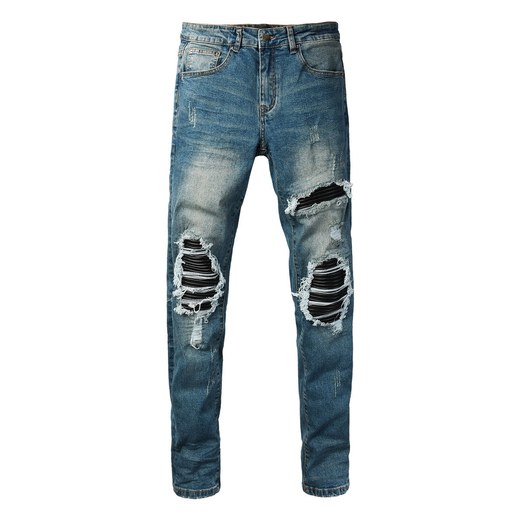 AMIRI MX1 Blue Leather Patch Jeans - Front and back view