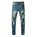 AMIRI MX1 Blue Leather Patch Jeans - Front and back view