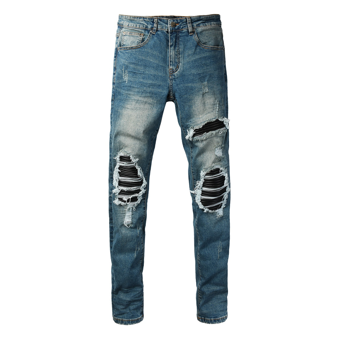 AMIRI MX1 Blue Leather Patch Jeans - Front and back view