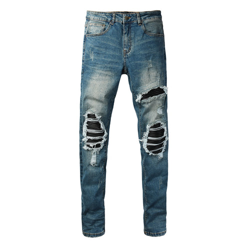 AMIRI MX1 Blue Leather Patch Jeans - Front and back view