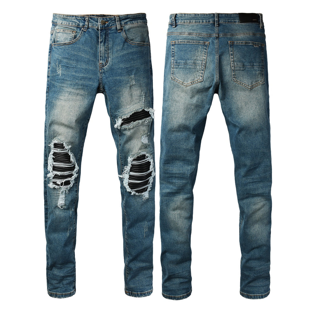 AMIRI MX1 Blue Leather Patch Jeans - Waistband detail