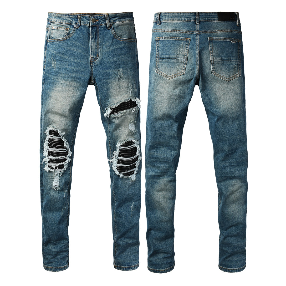 AMIRI MX1 Blue Leather Patch Jeans - Waistband detail