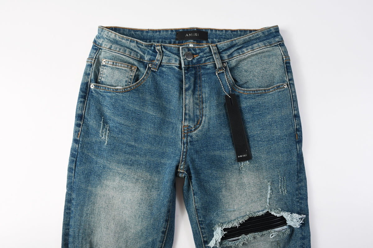 AMIRI MX1 Blue Leather Patch Jeans - Knee leather patch detail