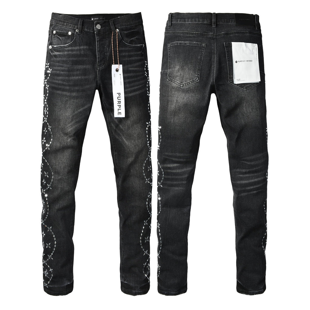 Purple Brand Silver Floral Crystal Vine Slim Jeans - Front and back view