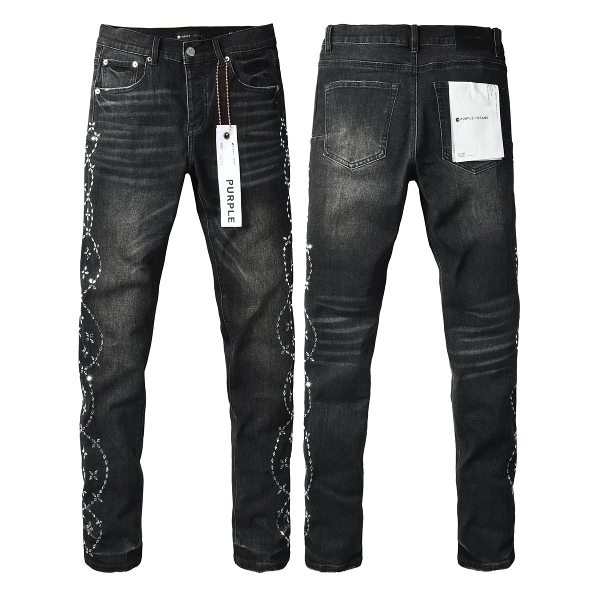 Purple Brand Silver Floral Crystal Vine Slim Jeans - Front and back view