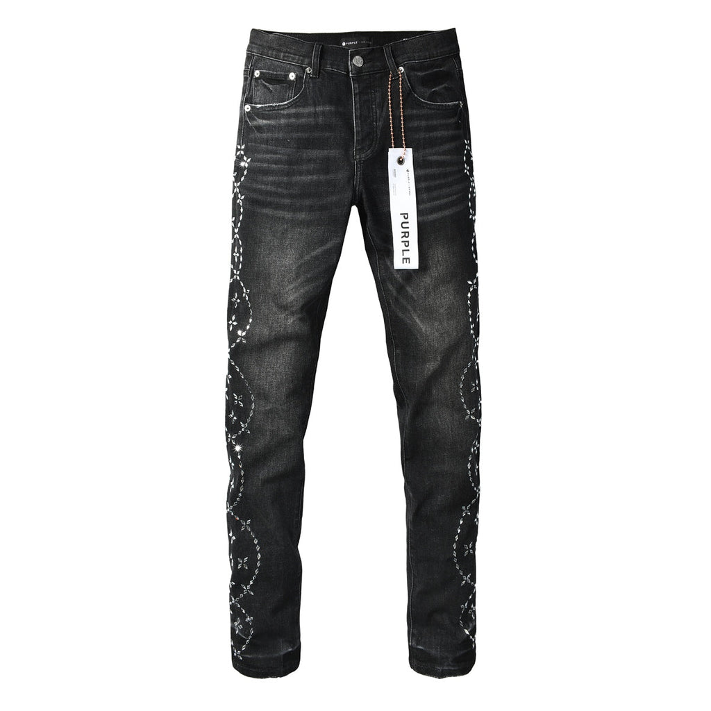 Purple Brand Silver Floral Crystal Vine Slim Jeans - Front view with hang tag
