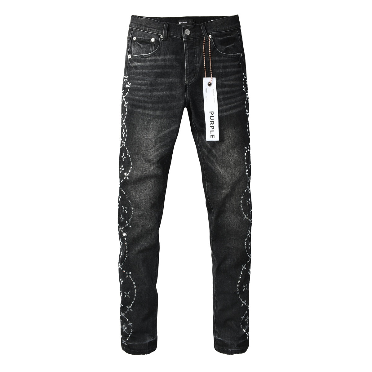 Purple Brand Silver Floral Crystal Vine Slim Jeans - Front view with hang tag