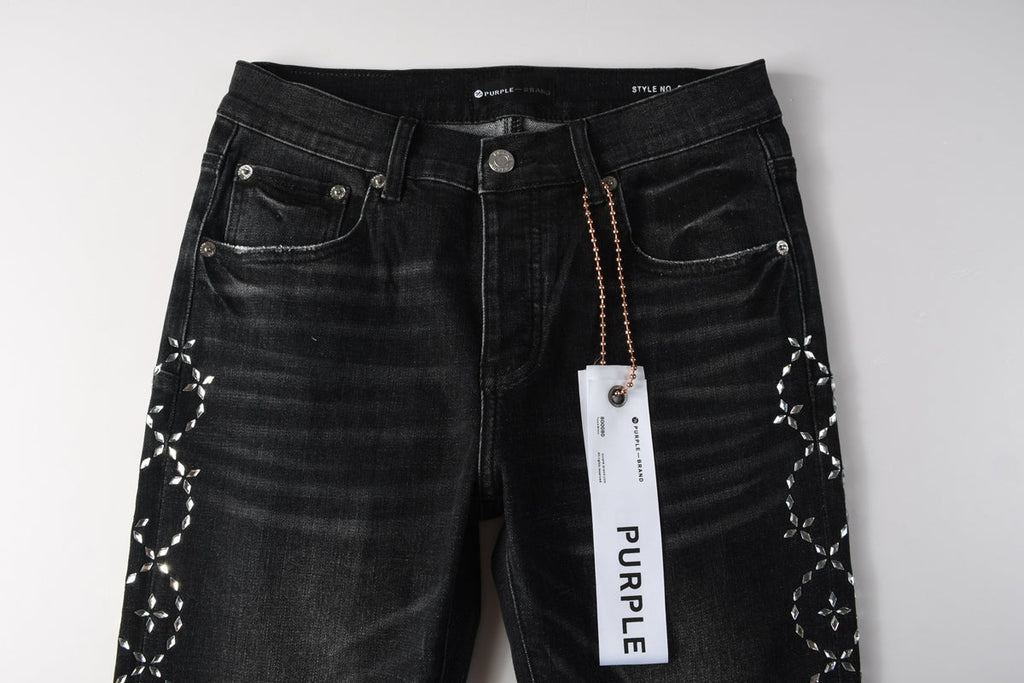 Purple Brand Silver Floral Crystal Vine Slim Jeans - Waist and crystal detail close-up