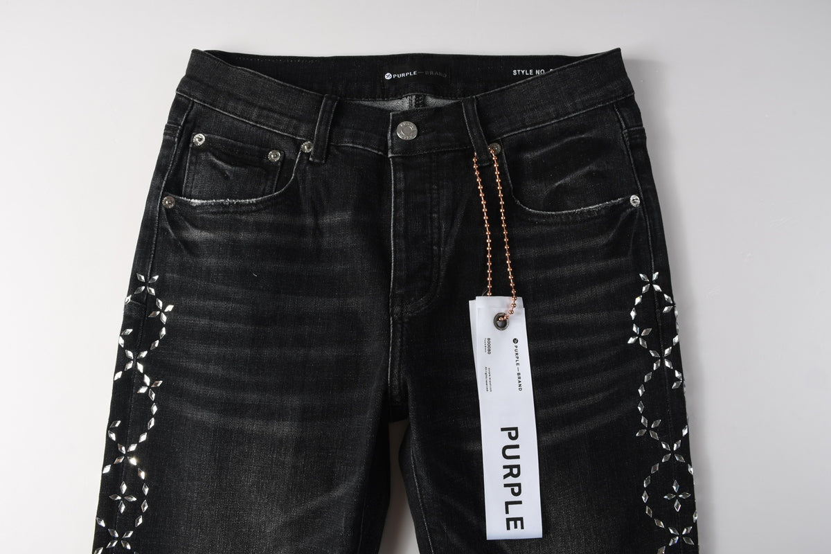 Purple Brand Silver Floral Crystal Vine Slim Jeans - Waist and crystal detail close-up