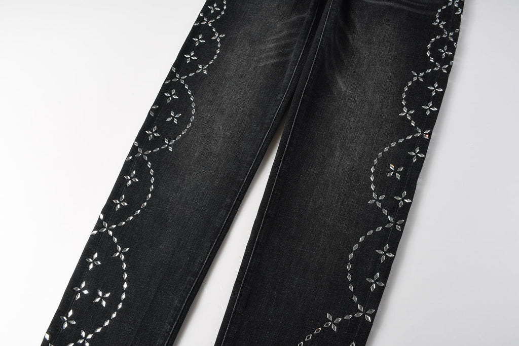 Purple Brand Silver Floral Crystal Vine Slim Jeans - Leg crystal vine detail close-up