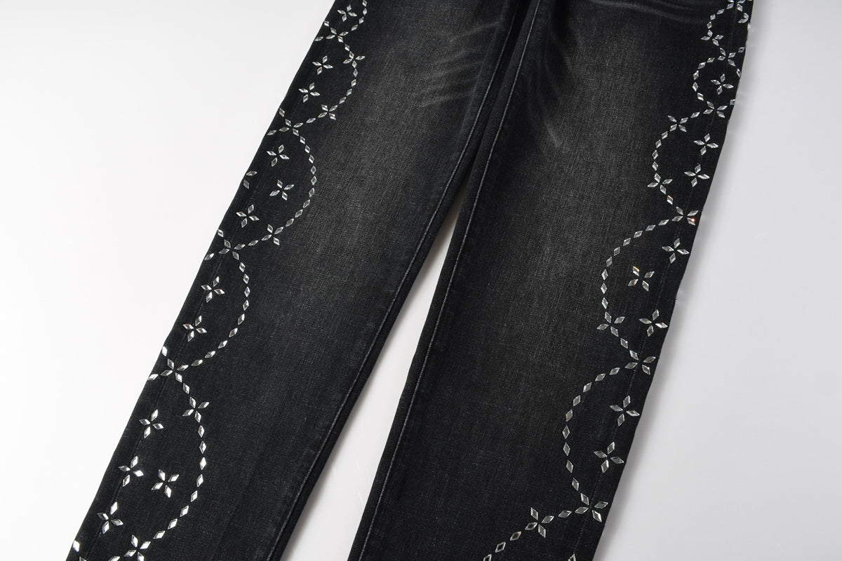 Purple Brand Silver Floral Crystal Vine Slim Jeans - Leg crystal vine detail close-up