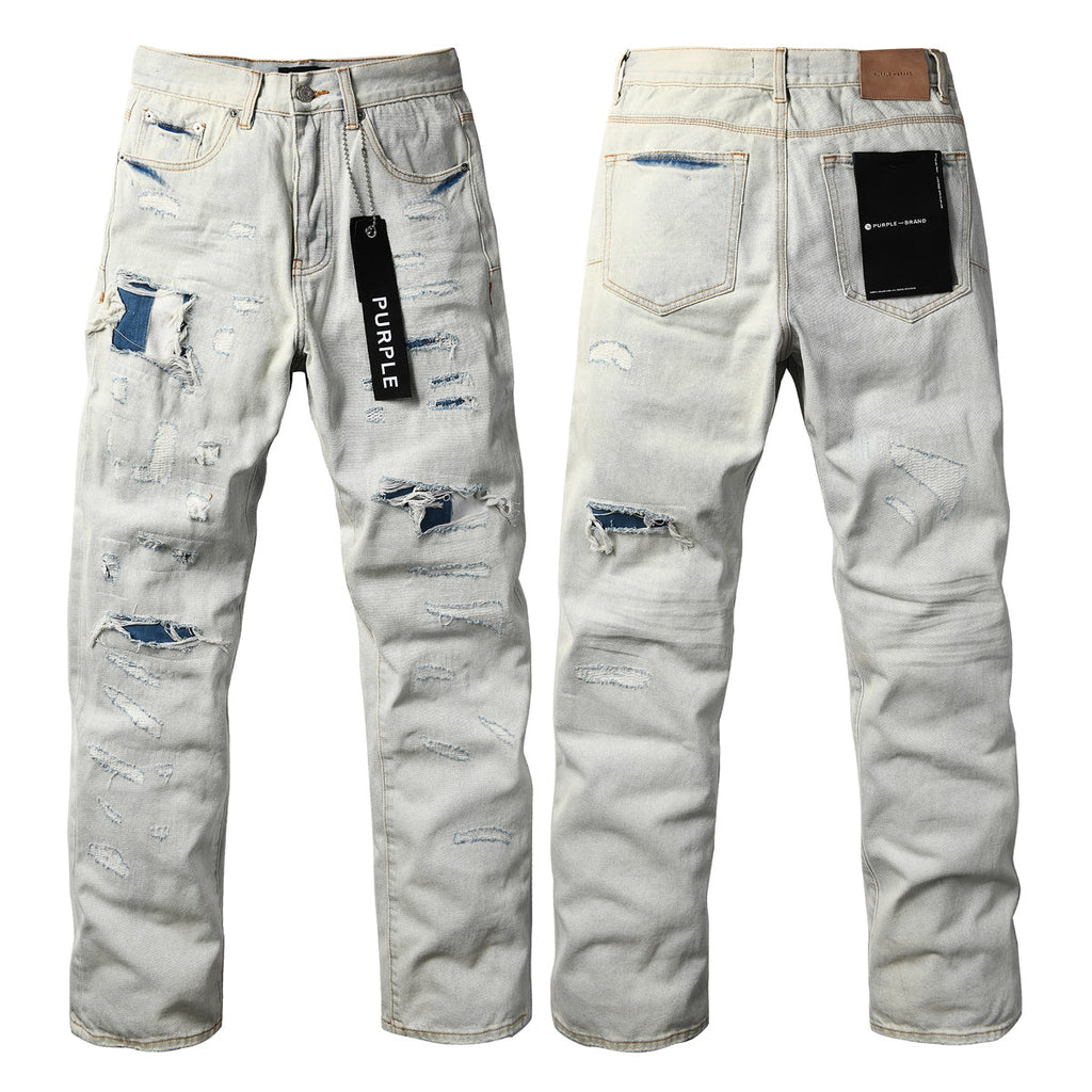 Purple Brand Bleached Distressed Straight-Leg Jeans - Front view with hang tag