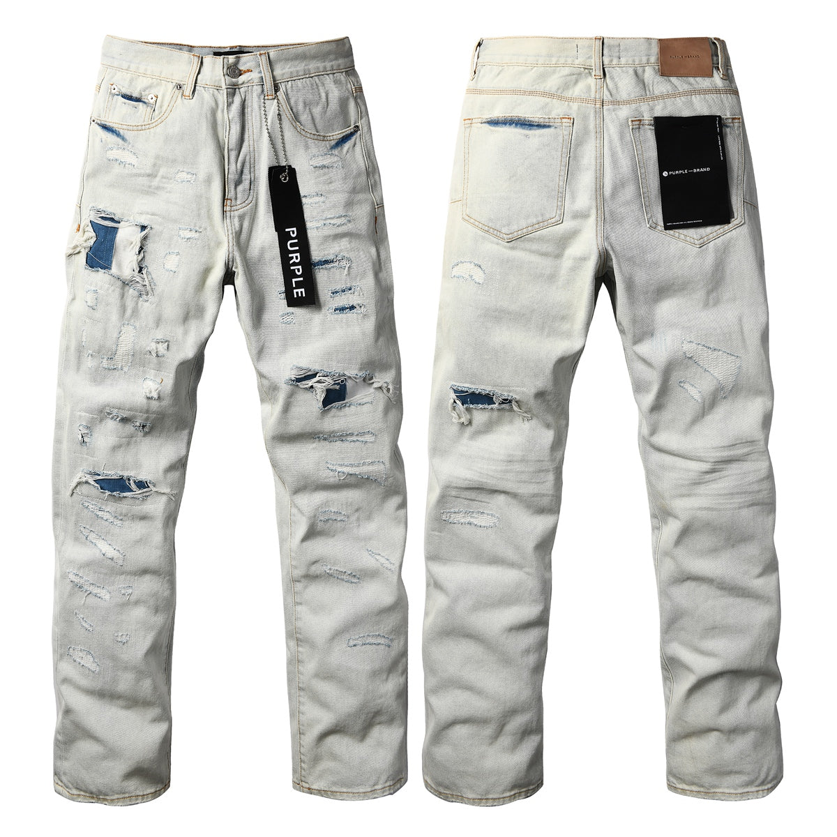 Purple Brand Bleached Distressed Straight-Leg Jeans - Front view with hang tag