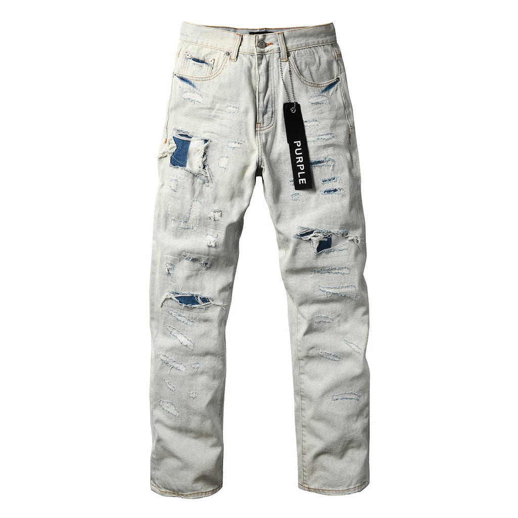Purple Brand Bleached Distressed Straight-Leg Jeans - Distress detail close-up