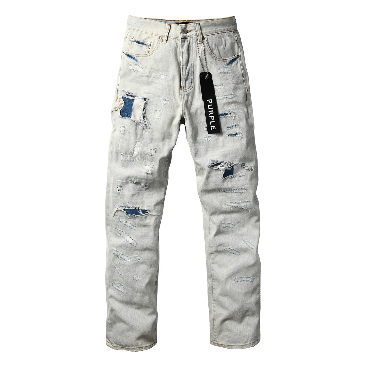 Purple Brand Bleached Distressed Straight-Leg Jeans - Distress detail close-up