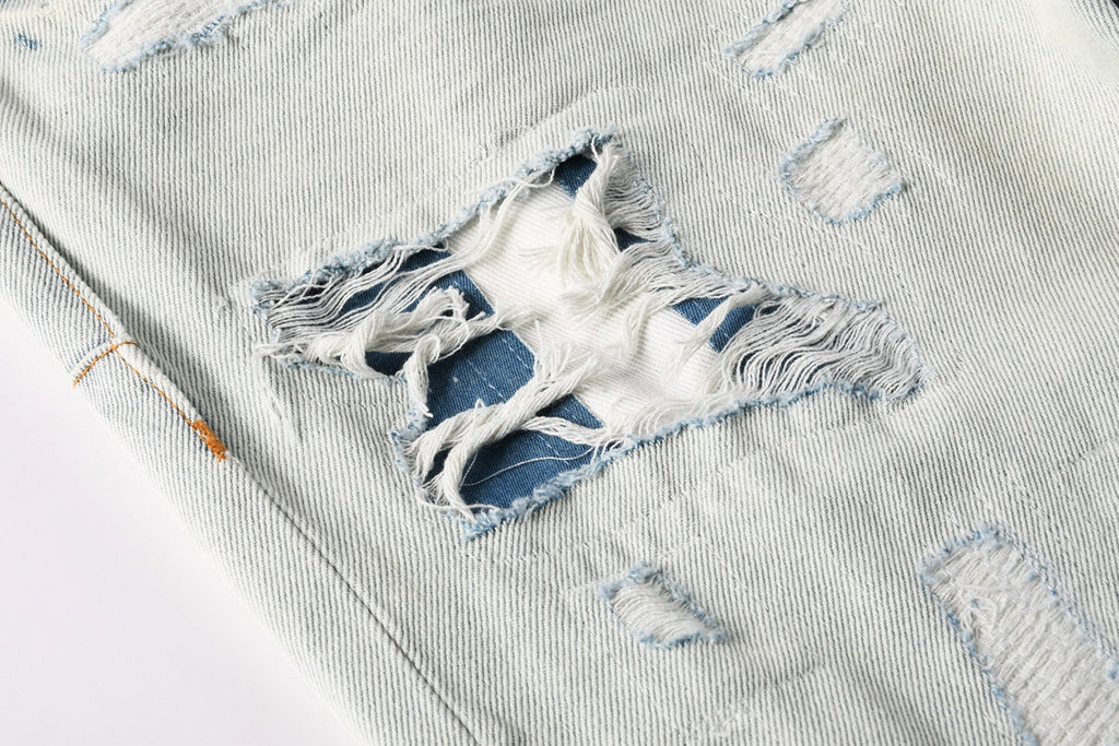 Purple Brand Bleached Distressed Straight-Leg Jeans - Waist and front detail
