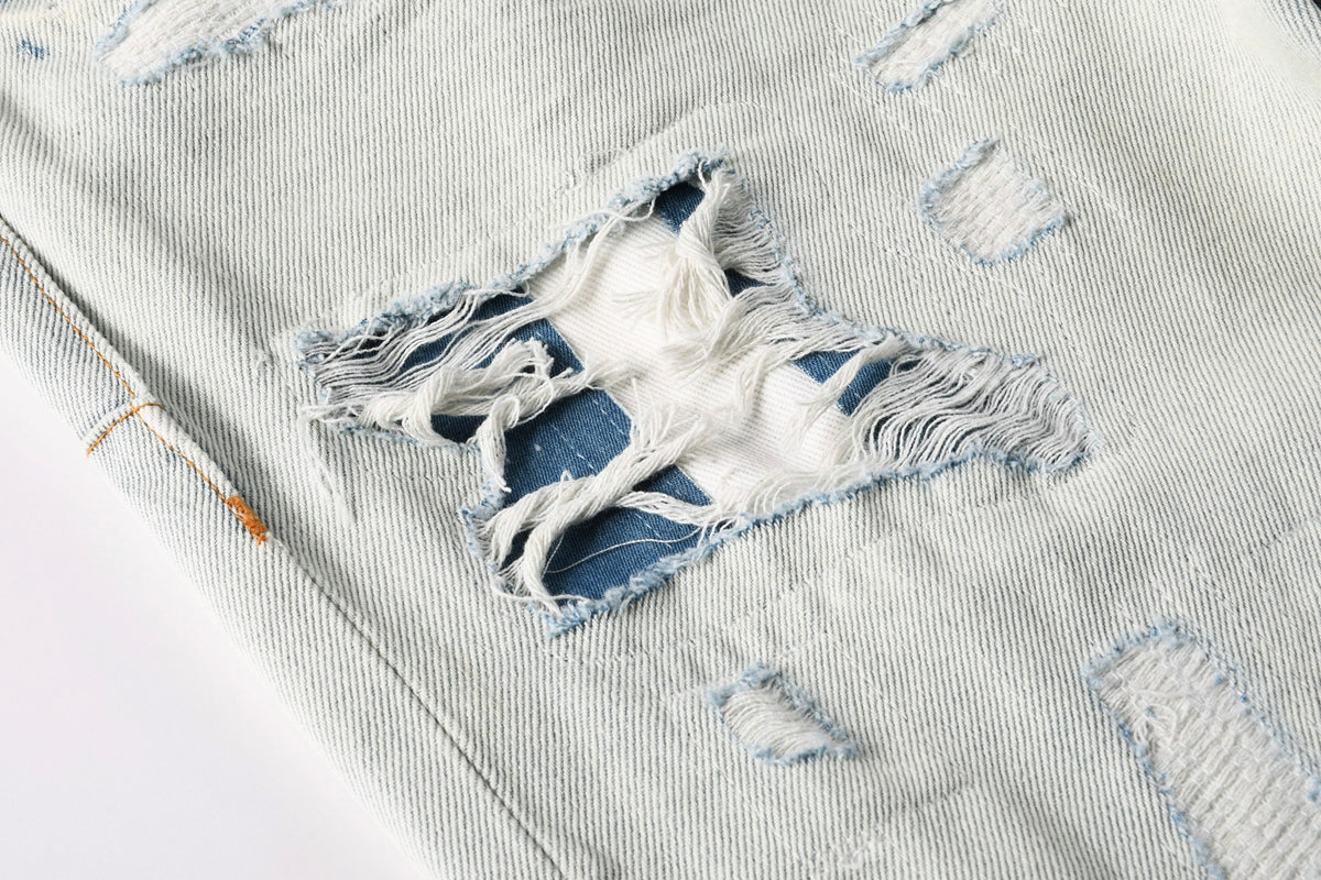 Purple Brand Bleached Distressed Straight-Leg Jeans - Waist and front detail