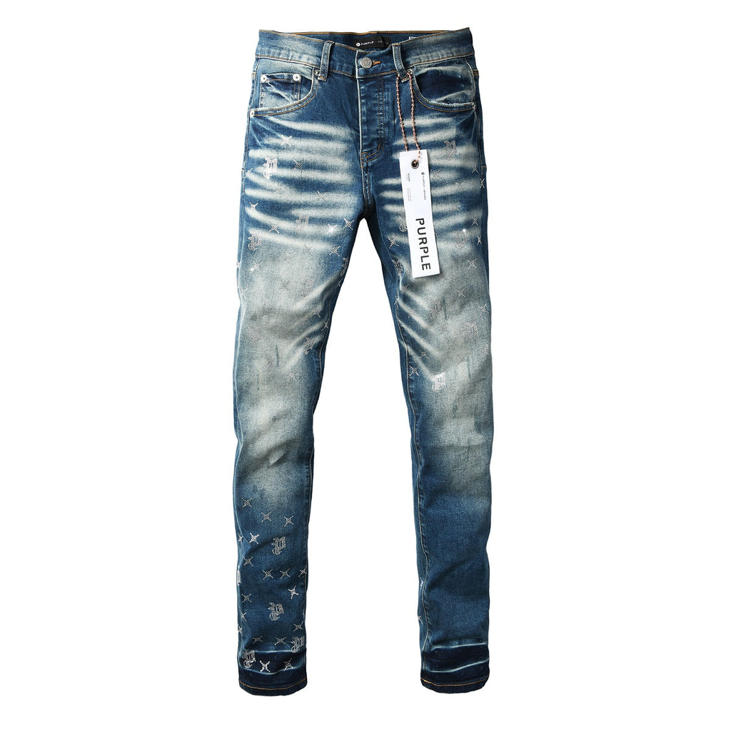 Purple Brand Crystal Monogram Slim Jeans - Front and back view