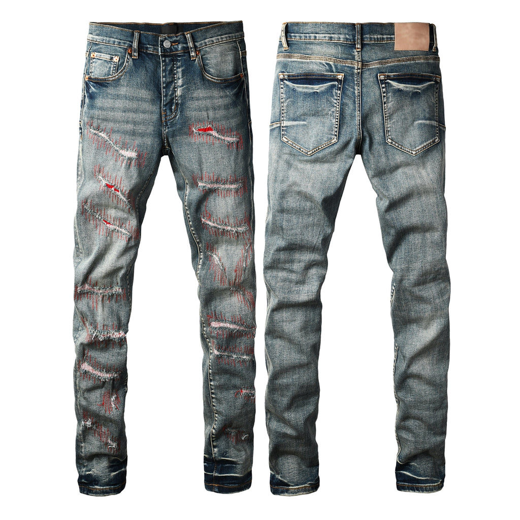Distressed Red Stitch Slim Jeans - Front View