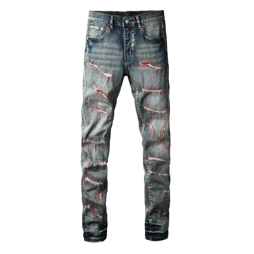 Distressed Red Stitch Slim Jeans - Detail Close-Up